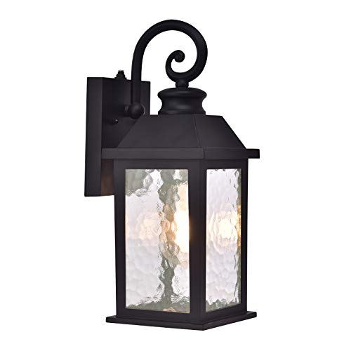 Dusk to Dawn Sensor Outdoor Wall Lantern Porch Light Exteriors Wall Mount Waterproof Anti-Rust Modern Black Wall Sconce Small for Patio Light Fixtures with Water Rippled Glass (Bulb Not Included)