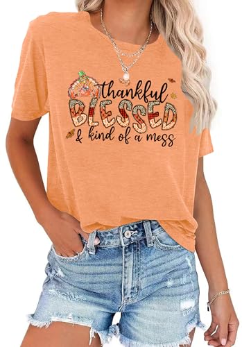 Thanksgiving Shirts for Women Thankful Blessed and Kind of A Mess T Shirt Thankful T-Shirt Casual Autumn Tops3