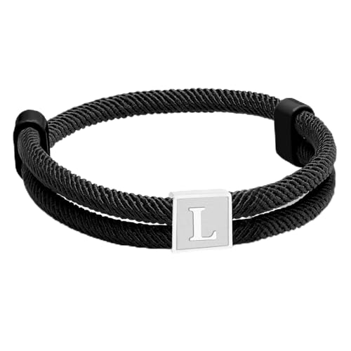 Paracord Armband Herren Surferarmband Bracelet Schwarz Segeltau Armband Herren Verstellbares Handgemacht Geflochtenes Armbänder mit Buchstaben A-Z Abschluss Geburtstag Geschenke für Männer (Silber L)