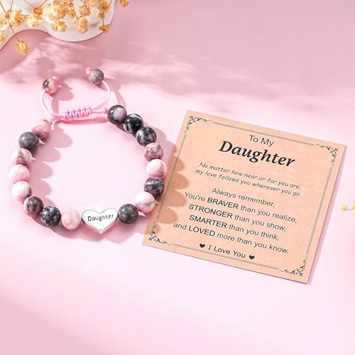Image of Granddaughter Daughter Gifts -Heart Natural Stone Beaded Bracelet for Girls, Valentines Birthday Gifts for Girls Daughter Granddaughter