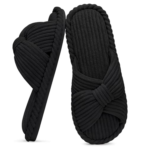 Image of Evshine Summer House Slippers for Women Corduroy Cross Bow Indoor Slippers Open Toe Slip On Bedroom Shoes with Memory Foam