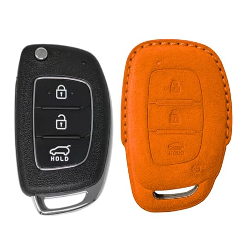 Image of KMH Alcantara Car Key Cover Compatible Hyundai Grand i10 NIOS Asta | Venue | i20 | Aura | Creta | Elantra 3 Button Shell Case Holder Full Key Protector Smart Keycover (D1) Orange - Pack of 1