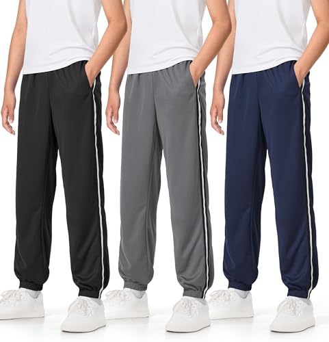 Auranso Boys Sweatpants 3 Pack Mesh Quick Dry Athletic Pants Lightweight Kids Joggers with Pockets