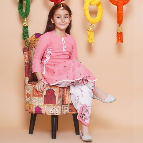 Image of Blushup Girls Floral Printed Rayon Ethnic Wear Kurti and Dhoti Set