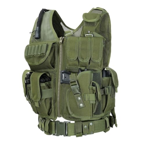 BOMTURN Tactical Vest Outdoor Ultra-Light Breathable Durable Mesh Airsoft Vest Adjustable Detachable Belt & Holster