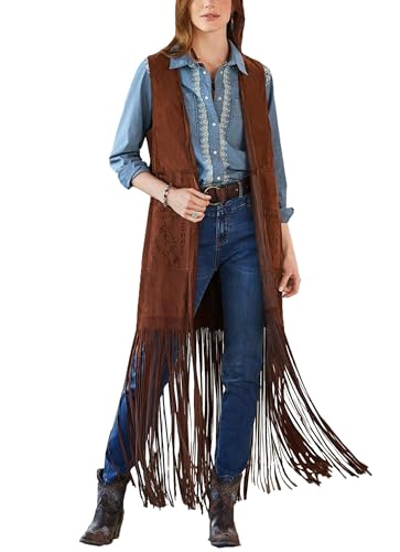 cffvdiz Women's 70S Outfits Western Fringe Vest Faux Suede Slim Sleeveless Long Vest Cardigan Shawl Jacket