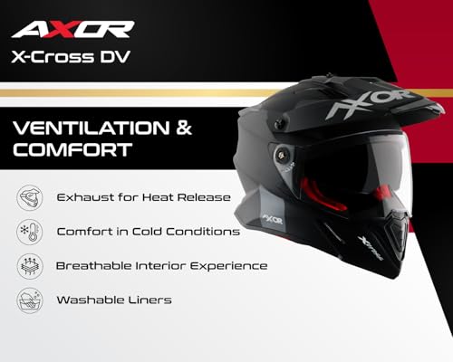 Axor X-Cross Dual Visor SC ISI ECE DOT Certified Full Face Dual Sport Peak Off Road Helmet for Men and Women- Dull Black Red-XL