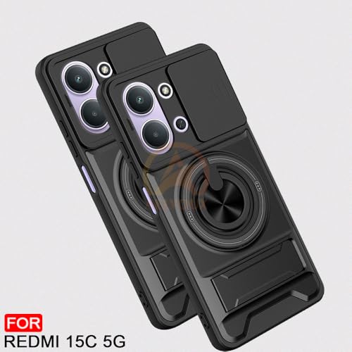 Image of Redmi 15C 5G Back Cover | Armor Camera Slider 360 Degree Rotating Finger Ring Holder Case with Bracket Stand Back Case Cover (Compatible with MagSafe Accessories) (Black)
