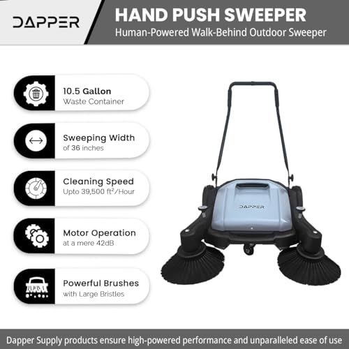 Image of Dapper Supply Walk-Behind Outdoor Hand Push Floor Sweeper - 10.5 Gallon Capacity - 36 inch Sweeping Width - Sweeps up to 39,500 ft /Hour, Grey