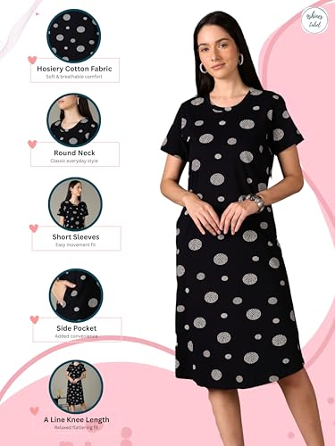 Image of 9shines Label Hosiery Cotton Knee Length Short Night Dress | Short Nighty for Women with Pocket | Graphic Print Nightwear | Night Gown for Women (M-7XL)