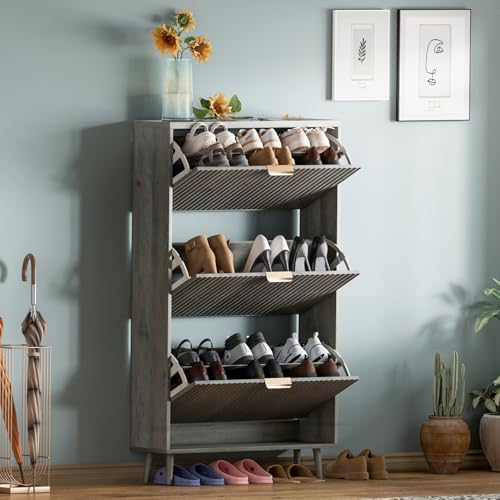 Image of Shoe Cabinet Storage,Modern Freestanding Organizer with 3 Flip Drawers,Narrow Shoe Rack Cabinet for Entryway,Grey