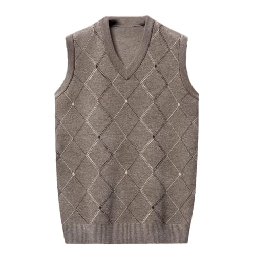 Men’S Thickened Warm V-Neck Knitted Sweater Vest Diamond Pattern Casual Sleeveless Pullover Tank Top