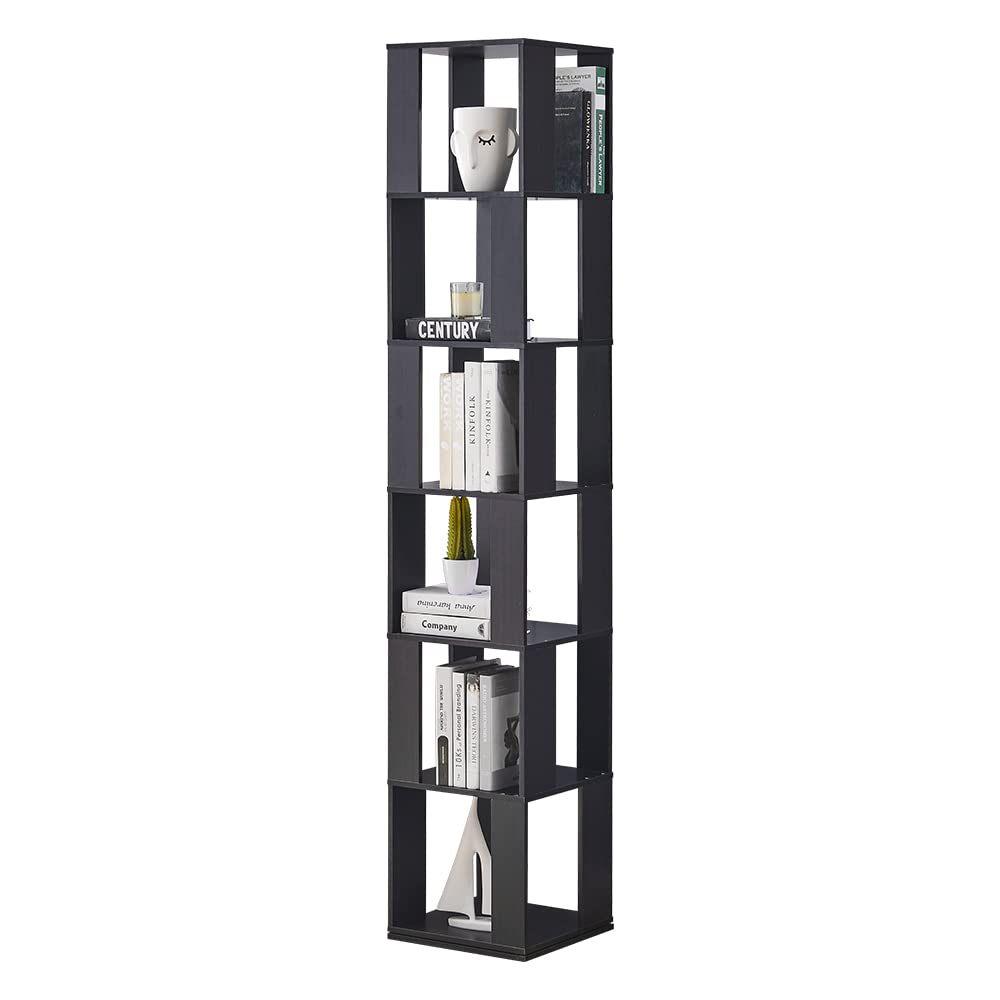 NICEME 190 cm Rotating Bookshelf, 6-Tier Corner Bookcase Book Storage Unit,Tall Display Shelf, Slim Bookshelves for Living Room, Library (Black)