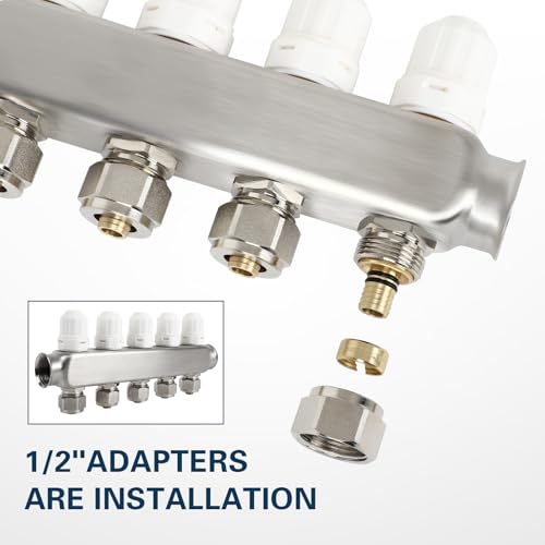 Image of Dollate 2 Branch Pex Manifold 1 /2 inch Adapters Stainless Steel Radiant Floor Heating Manifold Kit Hydronic Manifold