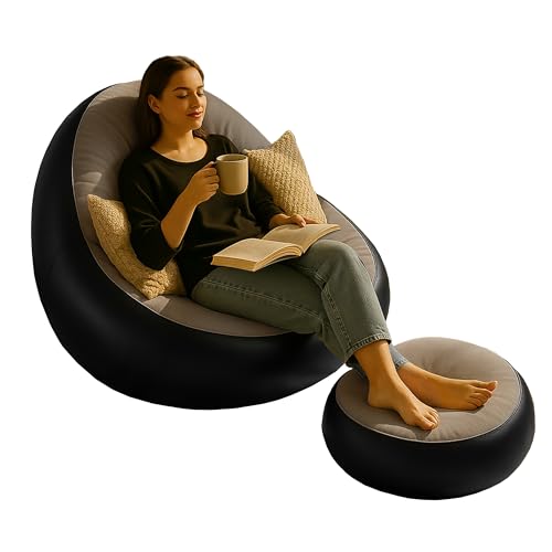 Image of Inflatable Lounge Chair with Air Pump & Footrest, 2-in-1 Folding Portable Recliner Sofa for Indoor Living Room, Bedroom, Office, Balcony, Outdoor Camping, Travel & Garden Use