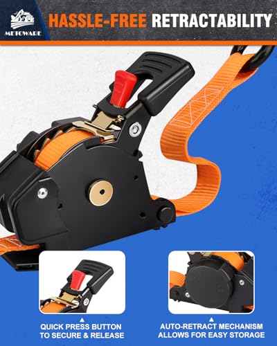 Image of METOWARE Retractable Ratchet Straps (2-Pack) - 1 in x 10 Ft (1500lb Break Strength) - Heavy Duty Auto Self Retracting Tie Down Straps for Truck, Trailer, Cargo Van, Motorcycle - Orange