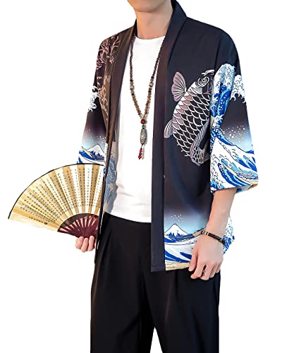 Image of PRIJOUHE Men's Lightweight Kimono Jacket Seven Sleeve Open Front Cardigan Coat Japanese Style Bathrobe