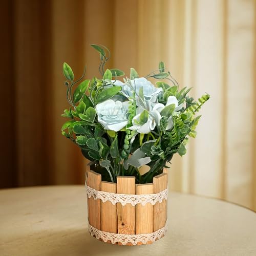 Image of Cortina Wooden Pot Straw Combination | Home Decor Items for Living Room Balcony Kitchen Bedroom Office Table Top Decoration - Light Blue, 20X10
