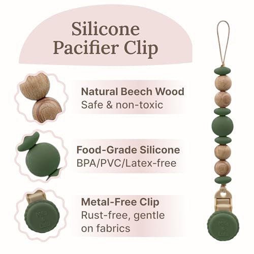 Image of Silicone Pacifier Clip - Metal-Free, Rust-Free, 100% Food-Grade Silicone and Natural Beech Wood, Secure Pacifier Holder - Olive - Mila & Lulu