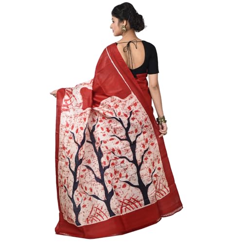 Image of 3stones Women's Mulberry Silk Saree | Printed Handwoven, Hand Batik Pure Saree with Unstiched Blouse Material Piece | Suitable for All Indian Weddings & Festivals | Traditional flower Prints