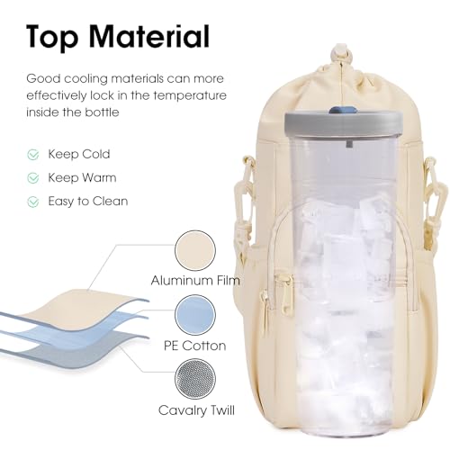 Sportsnew Water Bottle Carrier with Shoulder Strap Insulated Water Bottle Holder Sling Bag 1L with Phone Pocket Water Bottle Pouch Sleeve for Walking Hiking Pure Beige (Patent Pending) - Image 3