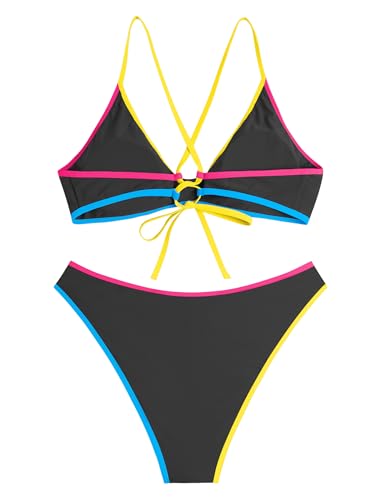 Image of ZAFUL Women's Tie Back Padded High Cut Bralette Bikini Set Two Piece Swimsuit