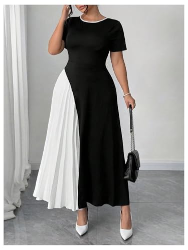 GORGLITTER Women's Plus Size Bow Pleated Maxi Dress Color Block Short Sleeve Summer Prom Formal Cocktail Long Dresses2