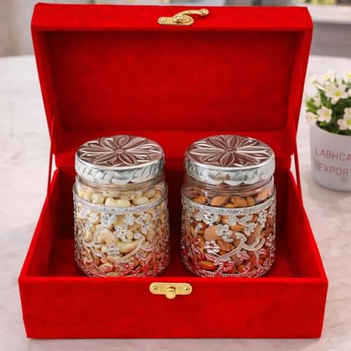 Image of LABHCART Glass Storage Jars with Metal Lids, Floral Design, Set of 2, with Red Gift Box