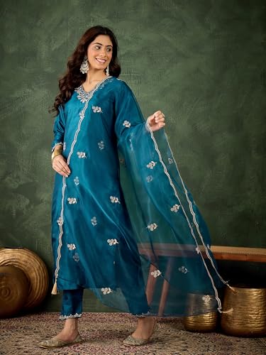 Image of VredeVogel Women's Ethnic Wear Embroidered Silk Blend Kurta Pant Set with Organza Dupatta | Festive & Casual Summer Kurti with Pants for Party Office & Ethnic Occasions