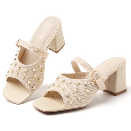 Image of Tilocow Knit Heeled Sandals for Women Square Open Toe Heeled Mules Chunky Block Low Heel Slip On Slides