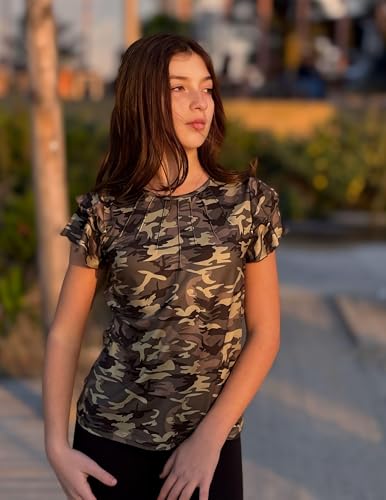 Image of Arshiner Girls T Shirts Ruffle Short Sleeve Summer Pleated Crewneck Casual Tops Tees Blouses