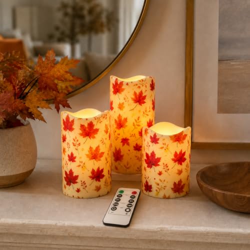 Image of Maple Leaf Flameless Candles with Remote Timer, 3 Pack LED Pillar Candles 4 /5 /6 Inch, Warm White Flickering Battery Operated Candles for Fall Thanksgiving Christmas Decor
