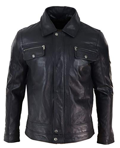 Mens Black brown Real Leather Jacket Sheepskin Collar Short Zip Button4