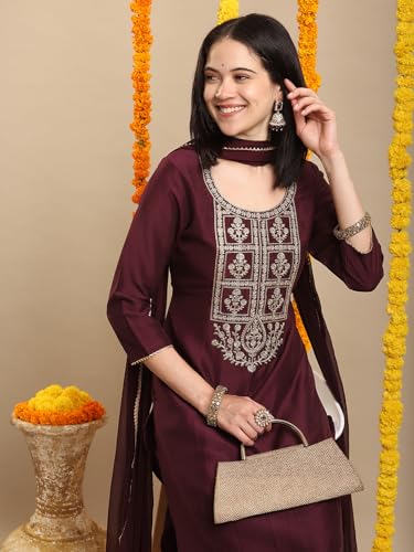 Image of GoSriKi Women's Rayon Viscose Embroidered Straight Kurta with Pant & Dupatta