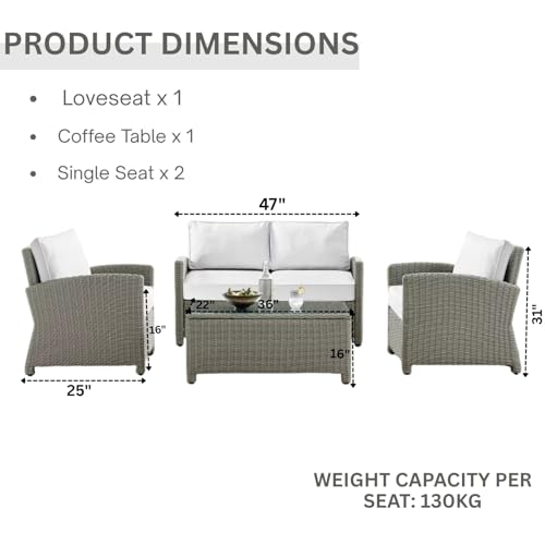 Image of DEVOKO 4PCS Patio Wicker Furniture Set Center Table Silver Rattan Chairs and White Cushions Outdoor Furniture for Backyard, Garden, Balcony