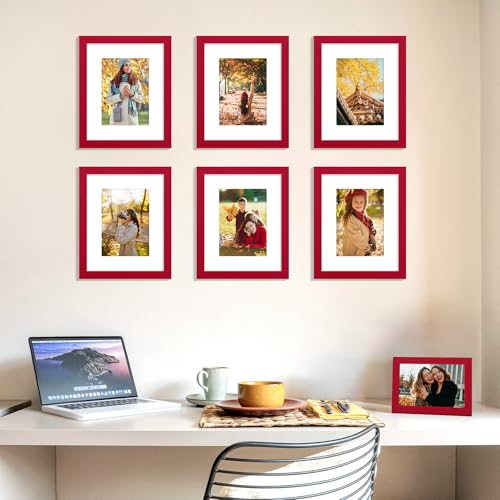 decorUhome 8x10 Picture Frame, Display Photos 5x7 with Mat or 8x10 Unmatted, Engineered Wood Frame with Plexiglass for Wall and Tabletop Display, Red, Set of 1