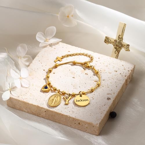 Personalized Gold-Plated Virgin Mary Bracelet for Women – Custom Engraved Catholic Jewelry, Dainty Marian Medal Charm Bracelet, Baptism/Confirmation/First Communion Gift, Religious Gifts for Her4