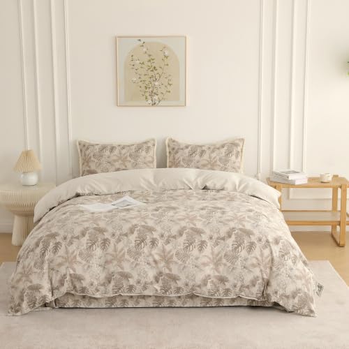 Image of Story@Home King Size Bedcover Set | 400 TC Microfiber Bedding Set with 1 Duvet Cover 1 King Bedsheet 270 x 250 cm & 2 Pillow Covers | Soft Durable Duvet Cover Set Floral Pattern|Beige Brown