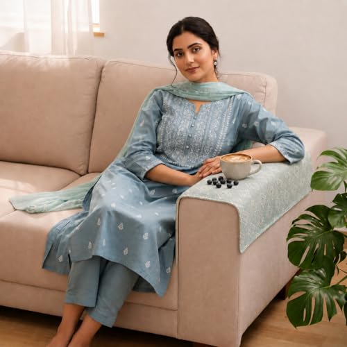 Image of STITCHNEST 'Verdant Rekhika Stories' Sofa Armrest Cover | Elegant Jacquard Fabric, Washable & Durable for Modern Living (18 x 22 Inches)