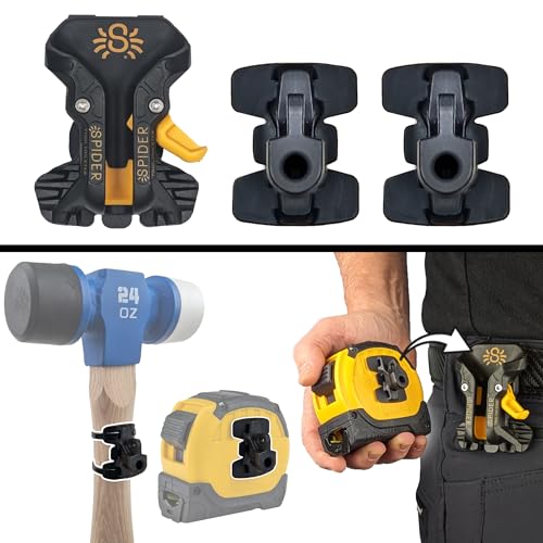 Spider Funda para herramientas, cinta métrica profesional + kit de funda de martillo - Soporte universal de herramientas mejorado, autobloqueo, extracción rápida con bloqueo de pulgar ambidiestro,