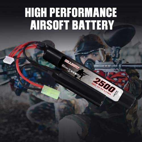 Hilldow 11.1V Airsoft Battery 2500mAh 20C Rechargeable Batteries High Performance Compatible with Mini Tamiya Plug for Airsoft Guns Rifle Model