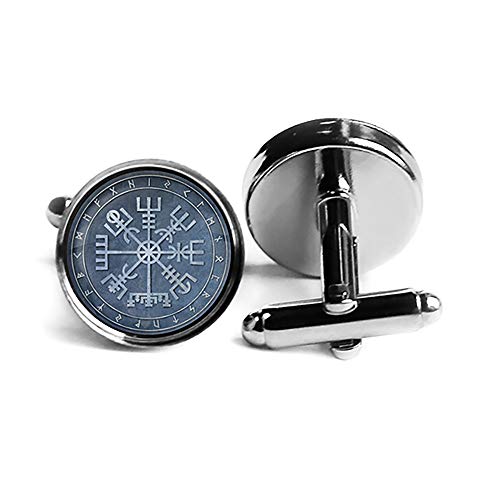 Viking Runes Elder Futhark Rune Circle Vegvisir Viking Compass Rhodium Plated Silver Cufflinks