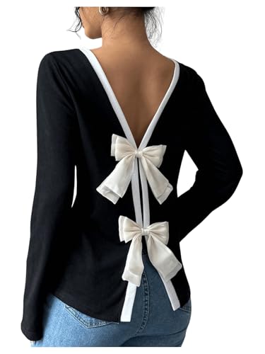GORGLITTER Women's Bow Open Back T Shirt Backless Long Sleeve Colorblock Crewneck Fall Trendy Going Out Tee Tops
