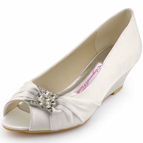 ELEGANTPARK Women Peep Toe Pumps Rhinestones Mid Heel Wedges Satin Wedding Bridal Shoes