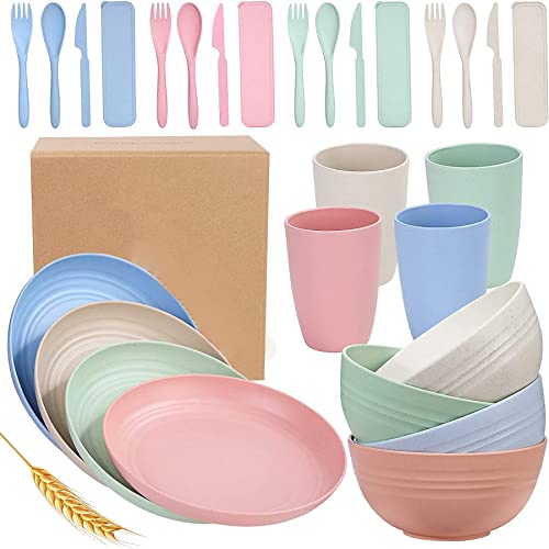 28 Pieces Wheat Straw Bowl Set Tablewares, Wheat Straw Plates,Lightweight Degradable Dinner Plates Set,Bowls, Cups, Tablewares Sets, Dishwasher Safe Dinnerware Sets, Unbreakable Salad Plates by HmProFocus - Used condition - CA$22.03
