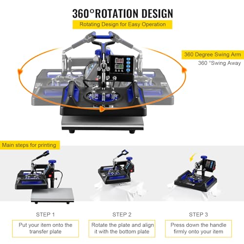 Image of VEVOR Heat Press Machine 12 x 15 Inch 8 in 1 Heat Press Sublimation Machine 360 Rotation Swing Away 8 in 1 Shirt Printing Machine Dual-Tube Heating for DIY T-Shirts Cap & Mugs Blue