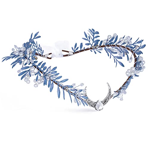 Mostory Handmade Wedding Moon Crown For Bridal Rhinestone Pearl Floral Headband Misty Blue Branch Headpiece For Women Girls Baby Shower Maternity Mardi Gras Carnival #TOP22