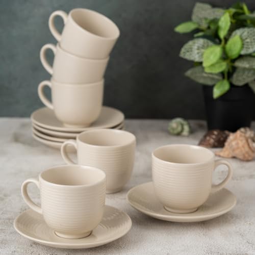 Image of Clay Craft Fine Ceramic Horizon Ivory Cups & Saucer, Set of 12, Cups for Tea & Coffee, Gift Set, Elegant Design for Home and Kitchen and Can Be Gifted to Your Loved Ones On Any Occassions
