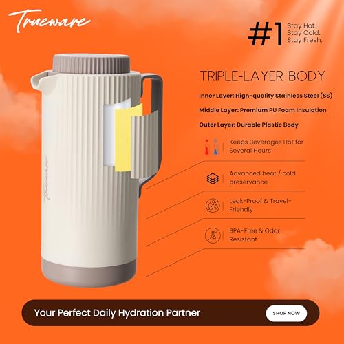Image of Trueware Amaze ISI Certified Inner Steel Thermoware 1200 ML Hot & Cold Flask Jug, BPA Free, Leak Proof, Ideal for Tea, Coffee, Water, Hot and Cold Beverages