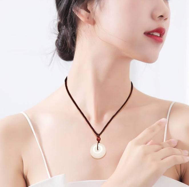 Natural White Jade Donut Pendant Necklace with Red Bead – Handmade Good Luck Amulet with Adjustable Cord - Image 5